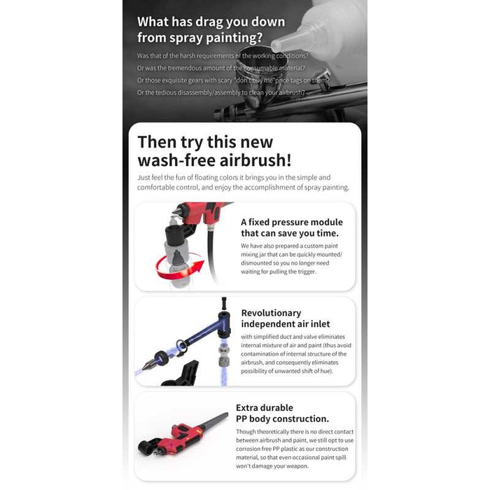 PT-AB Wash-Free Airbrush + Hobby MIO HM-02 Pro Set